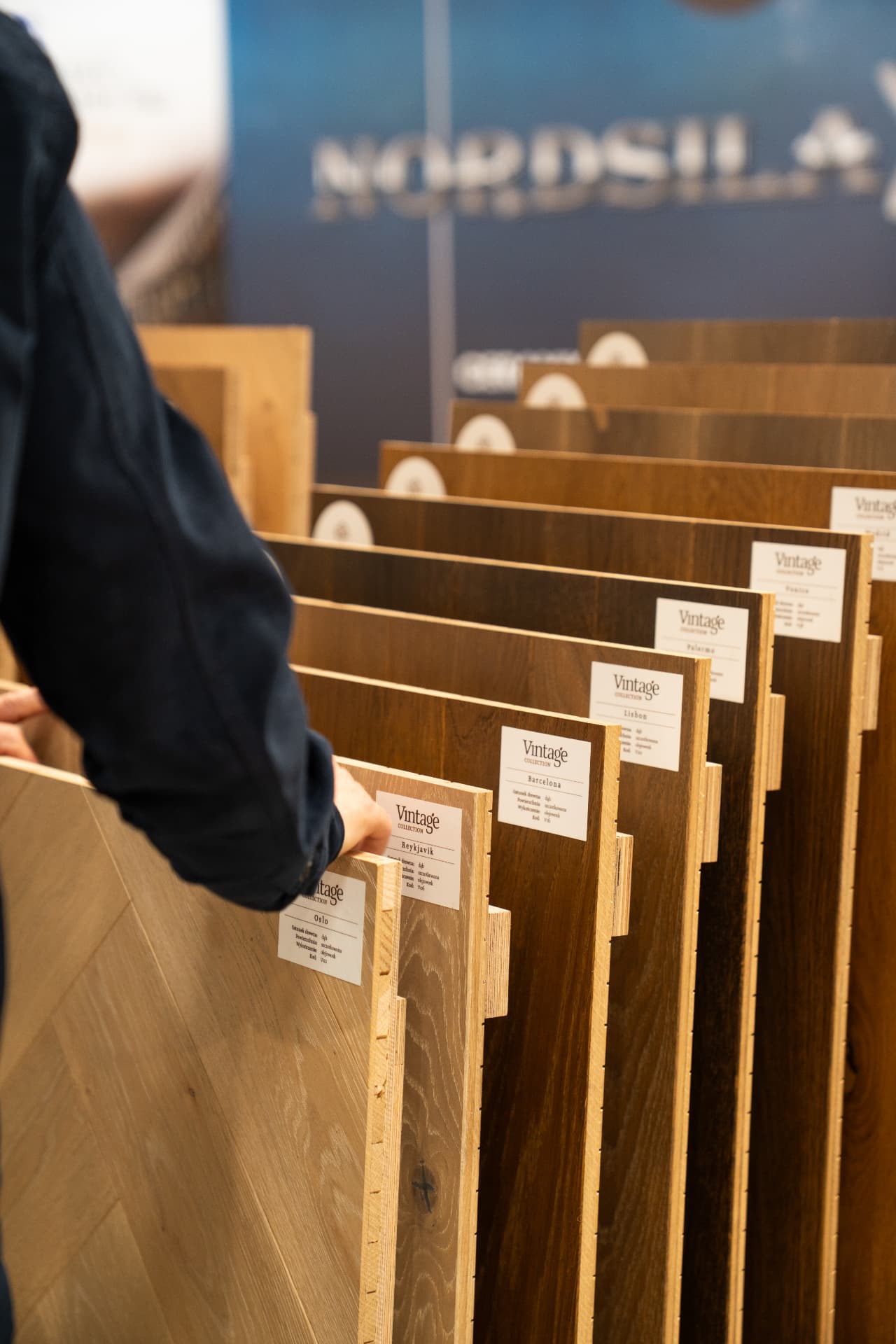 Vintage collection floorboard sample boards in a distributor showroom
