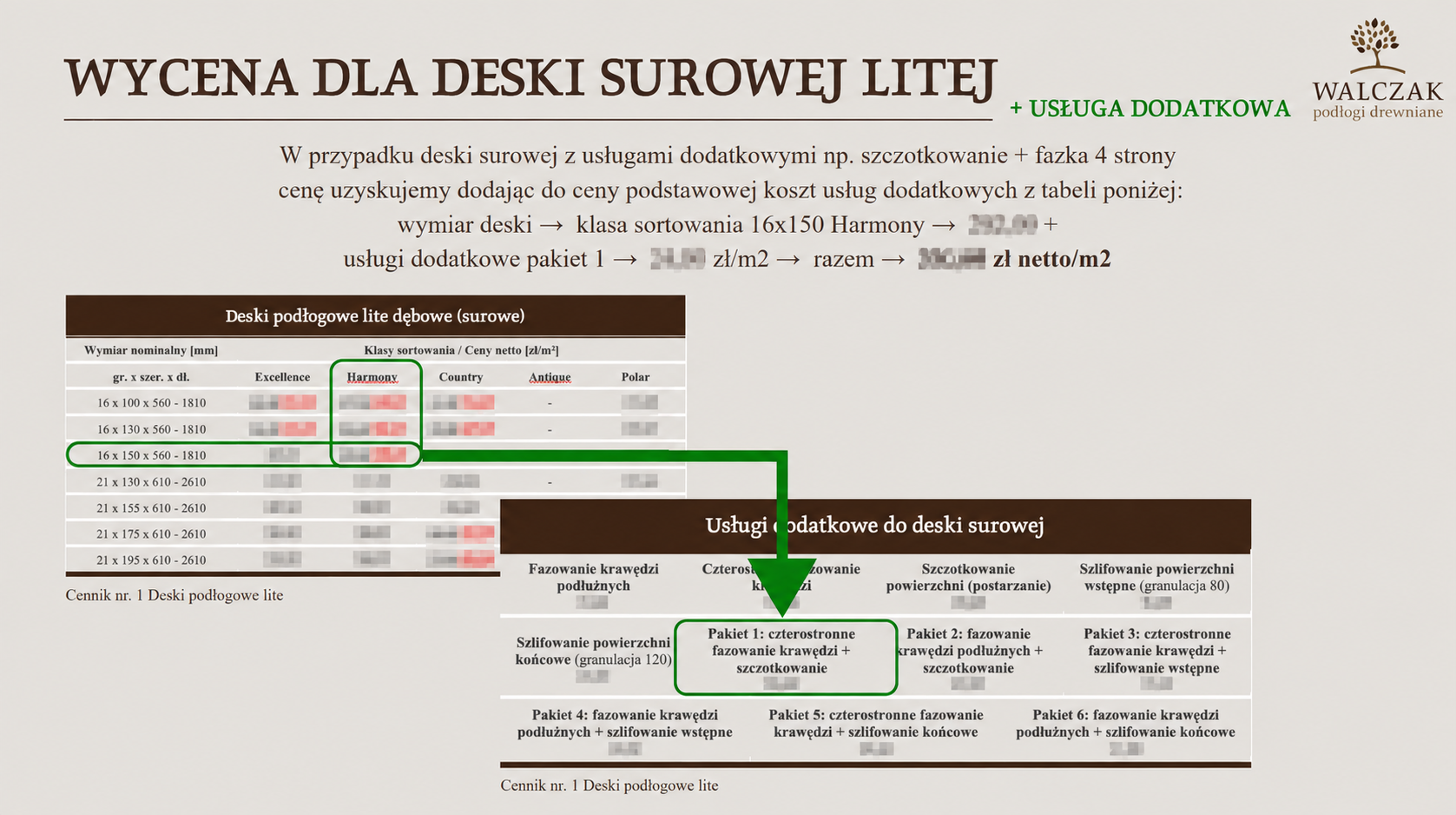 Training slide showing how to price a raw solid floorboard