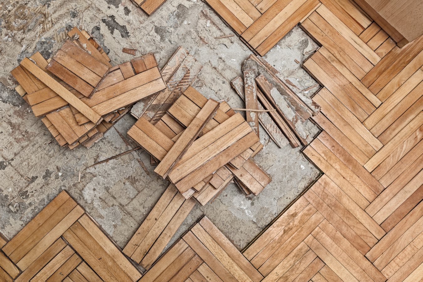 Torn-up, damaged wooden floor
